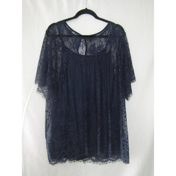 Torrid Women’s 3X Plus Navy Lace Top Blouse Short Sleeve Lined Floral Sheer - Picture 1 of 5